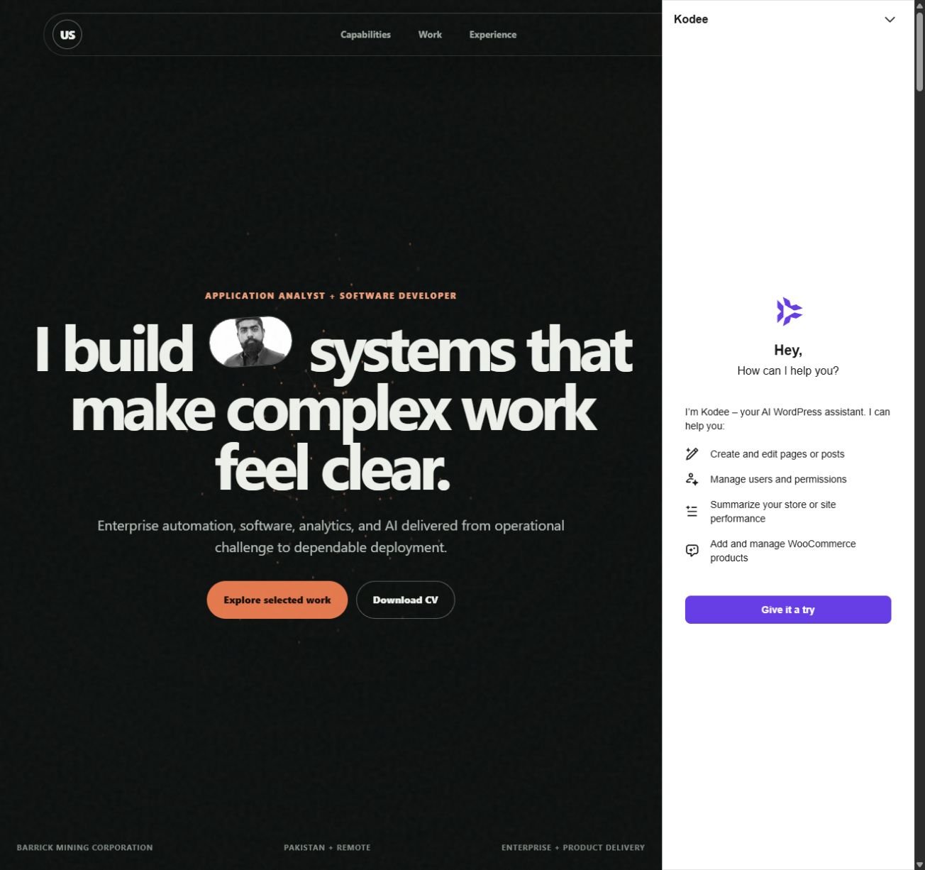 Usman Sarwar animated portfolio homepage